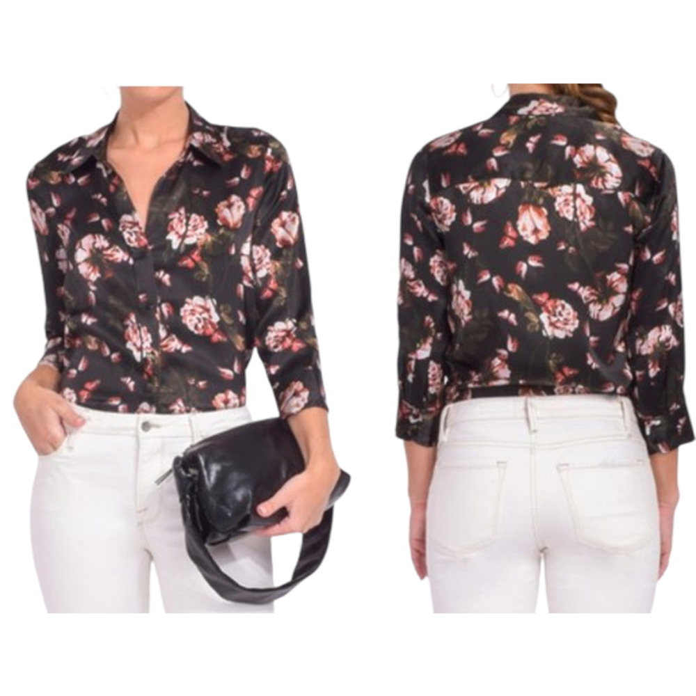 L'AGENCE Dani 100% Silk Blouse in Black Multi Dark Butterfly Women's Medium